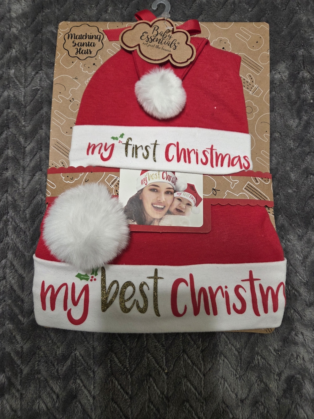 Baby Essentials Red and White Holiday Beanie Duo with Pom-Poms Mom And Me Set